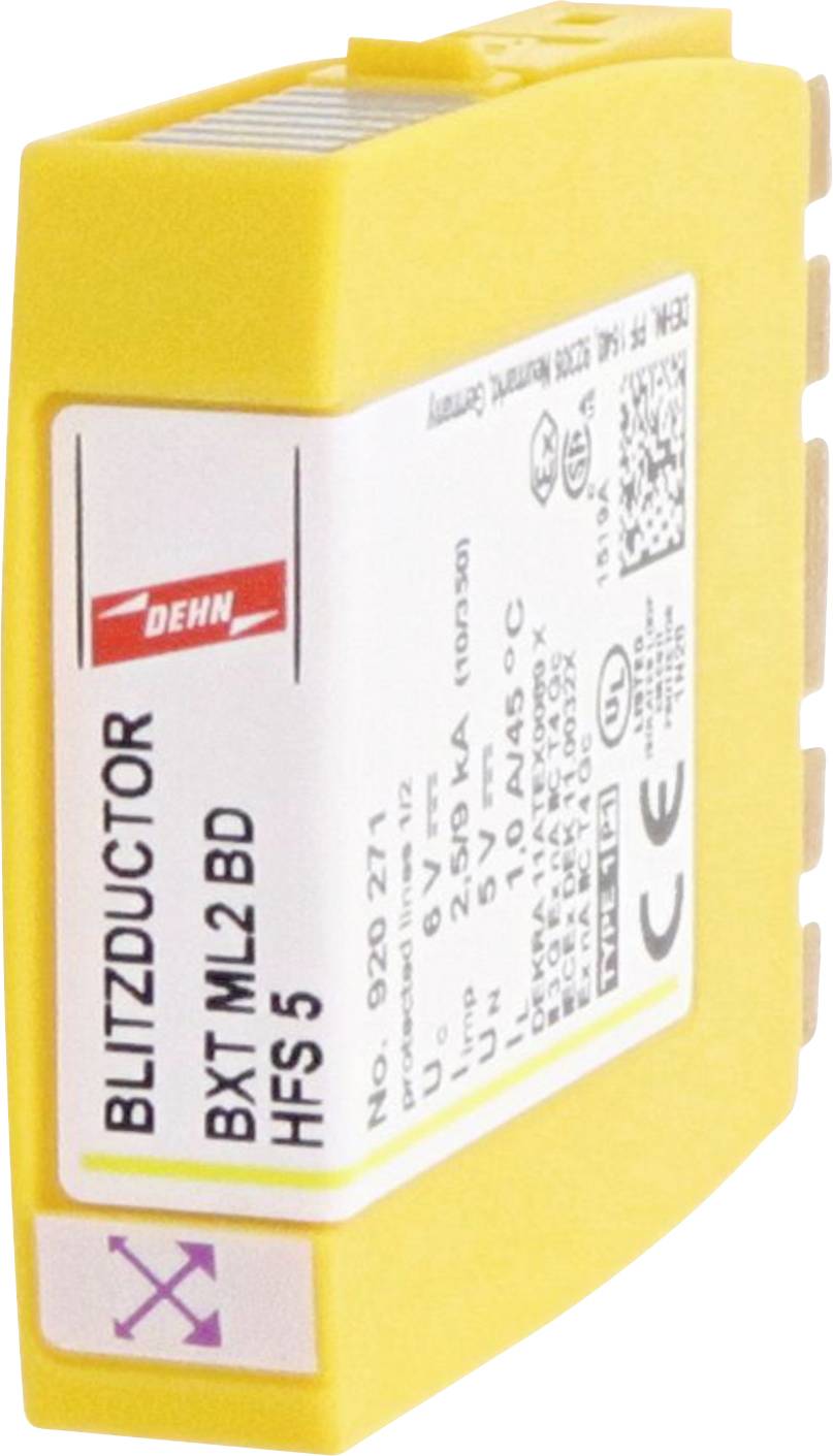 Żółte urządzenie, oznaczone napisem 'BLITZDUCTOR BXT ML2 BD HFS5', rozpoznawalne jako moduł ochrony przeciwprzepięciowej z oznakowaniem CE.