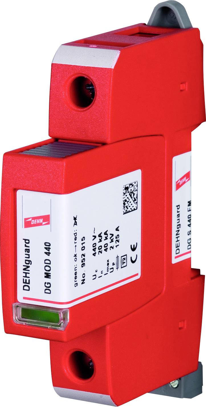 Czerwone urządzenie ochronne z oznakowaniem 'DEHNguard DG MOD 440' oraz specyfikacjami technicznymi na etykiecie, przeznaczone do ochrony przeciwprzepięciowej.