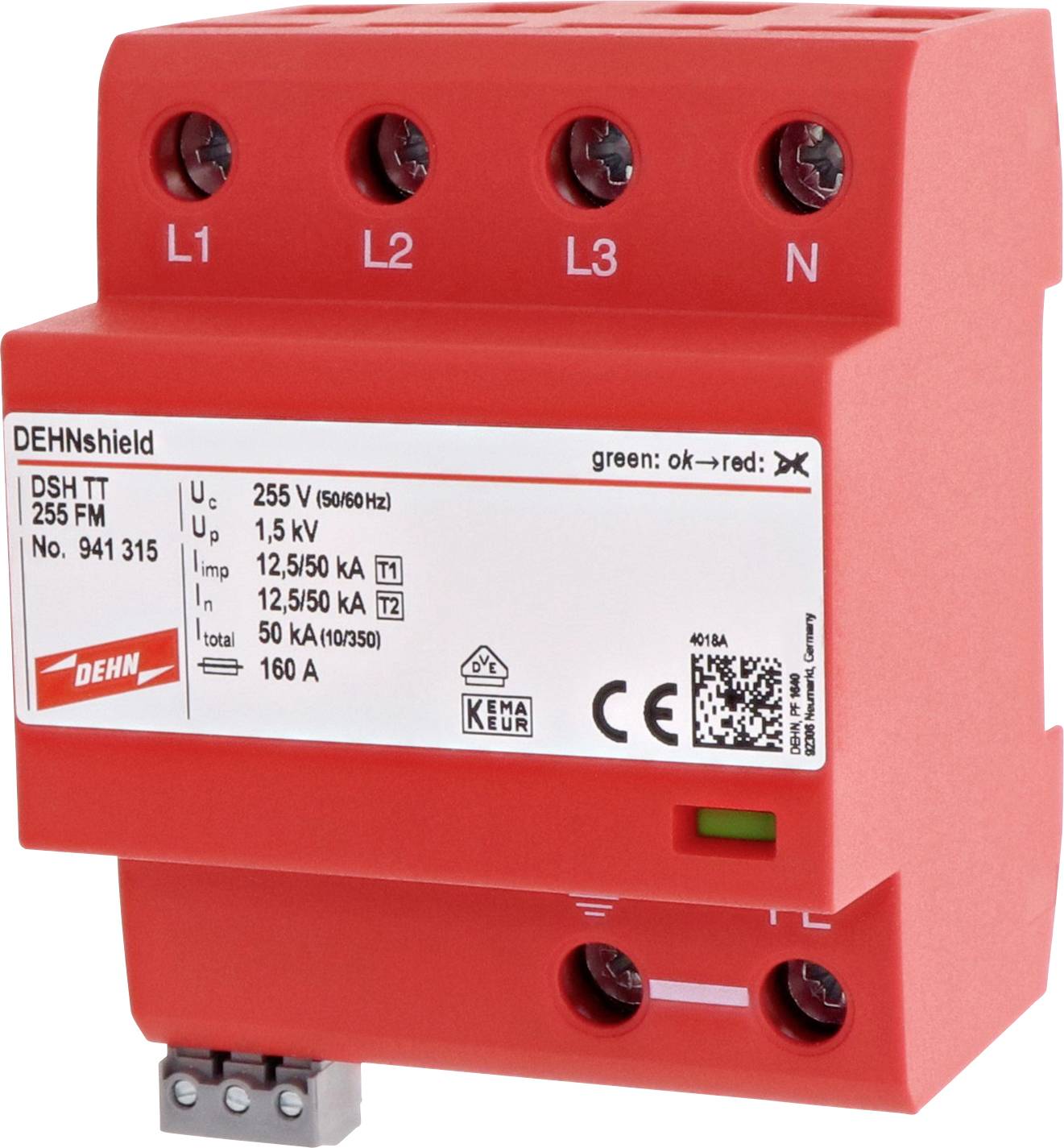 Czerwone urządzenie ochrony przeciwprzepięciowej z wieloma zaciskami przyłączeniowymi, oznaczone napisem 'DEHNshield DSH TT 255 FM', prezentuje różne specyfikacje techniczne.