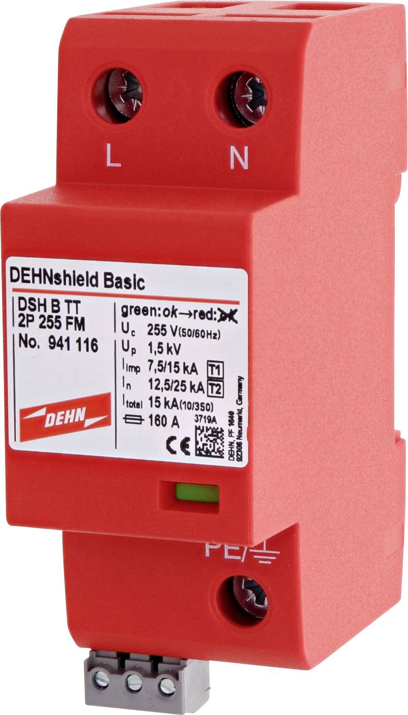 Czerwone urządzenie ochrony przed przepięciami, model 'DEHNshield Basic', z widocznymi specyfikacjami technicznymi na etykiecie.