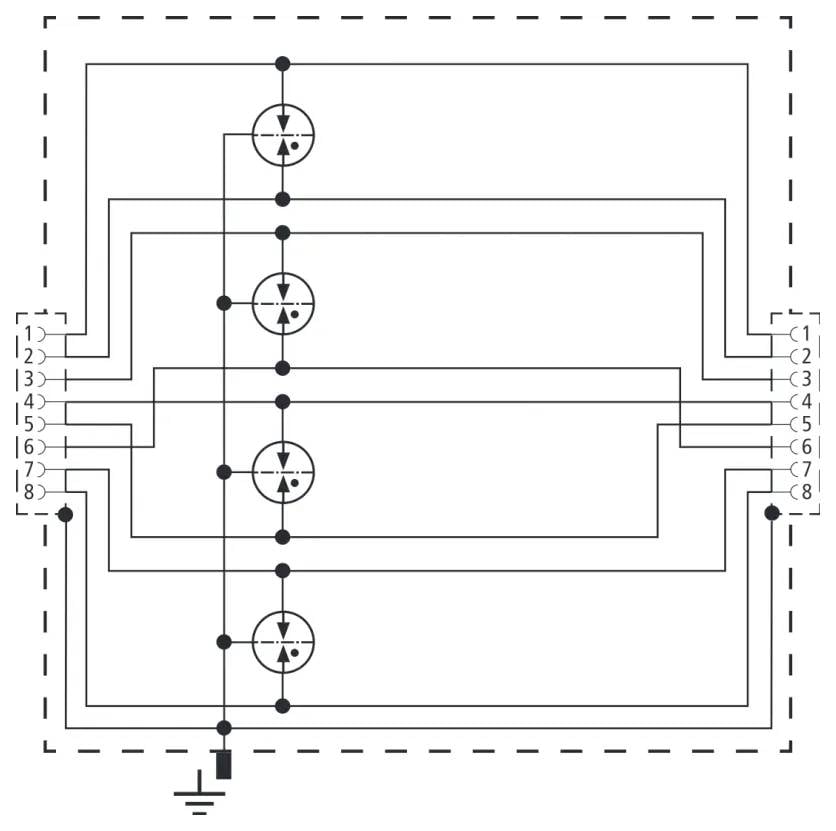 Schemat obwodu przedstawiający mostek prostowniczy z czterema diodami, wejście oznaczone '1-4' i '5-8', oraz uziemione wyjście.