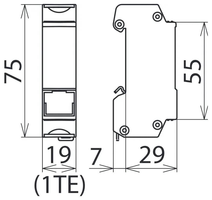 Diagram elektryczny elementu elektronicznego przedstawiający pomiary: 75 mm wysokości, 19 mm szerokości oznaczone jako '1TE', 29 mm głębokości oraz 55 mm wysokości dla widoku z boku.