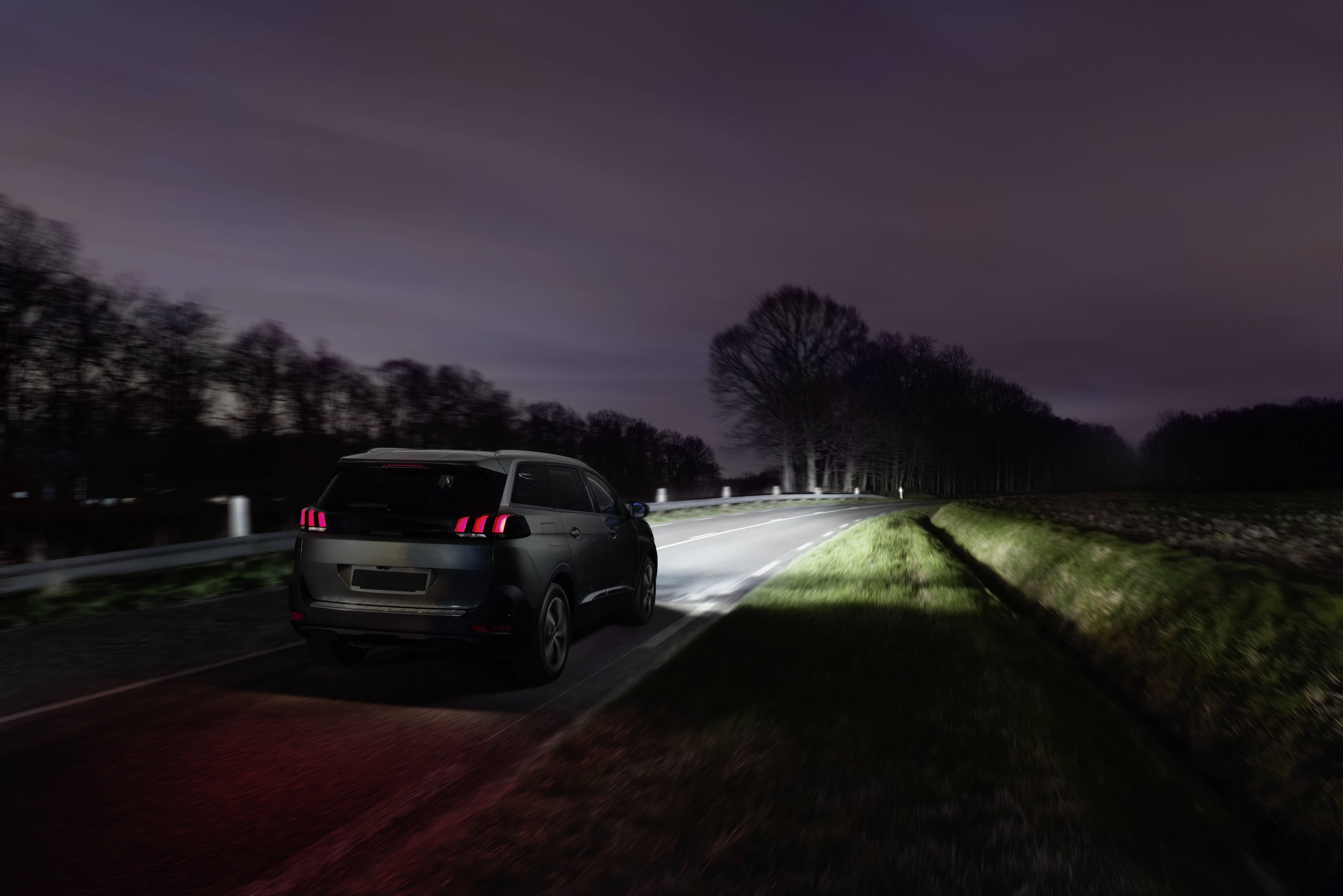 Samochód jedzie nocą po drodze krajowej, reflektory rozświetlają drogę. Okolica jest ciemna, wzdłuż drogi ciągną się rzędy drzew.