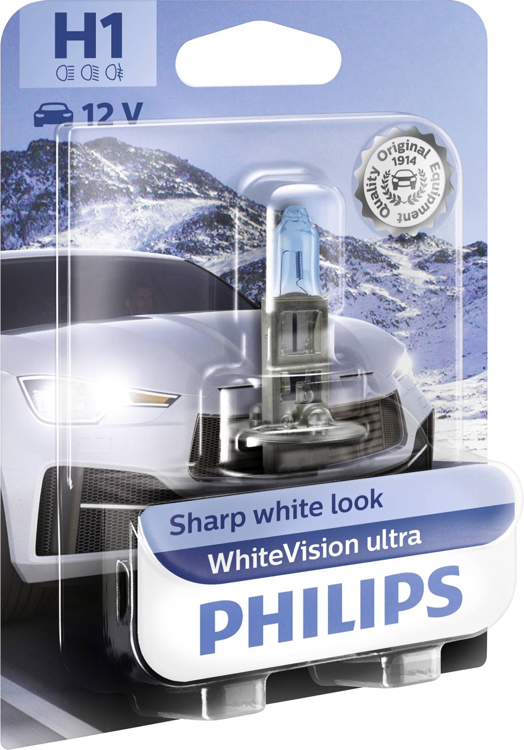 Opakowanie żarówki samochodowej Philips WhiteVision ultra H1 12V o ostrej białej optyce. Na tle widoczny jest samochód.