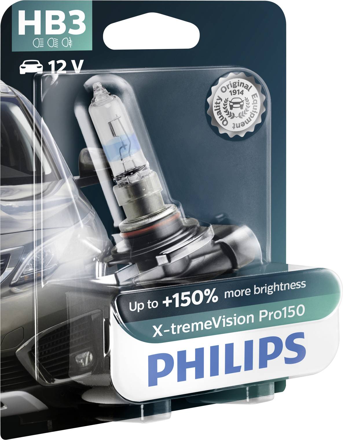 Żarówka Philips HB3 X-tremeVision Pro150 w opakowaniu, zwiększająca jasność nawet o 150%. Odpowiednia dla pojazdów 12V.