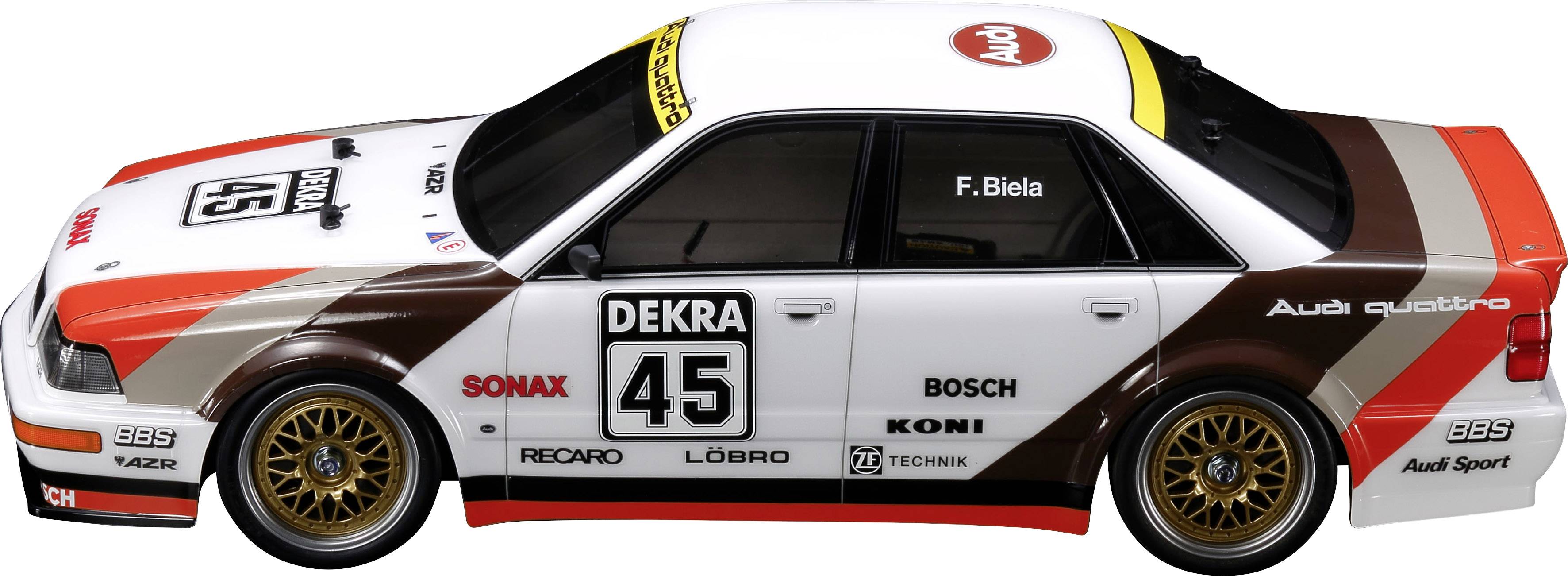 Samochód wyścigowy w stylu Audi z numerem startowym 45, sponsorowany przez DEKRA, z logo marki i nazwiskiem 'F. Biela' na szybie.