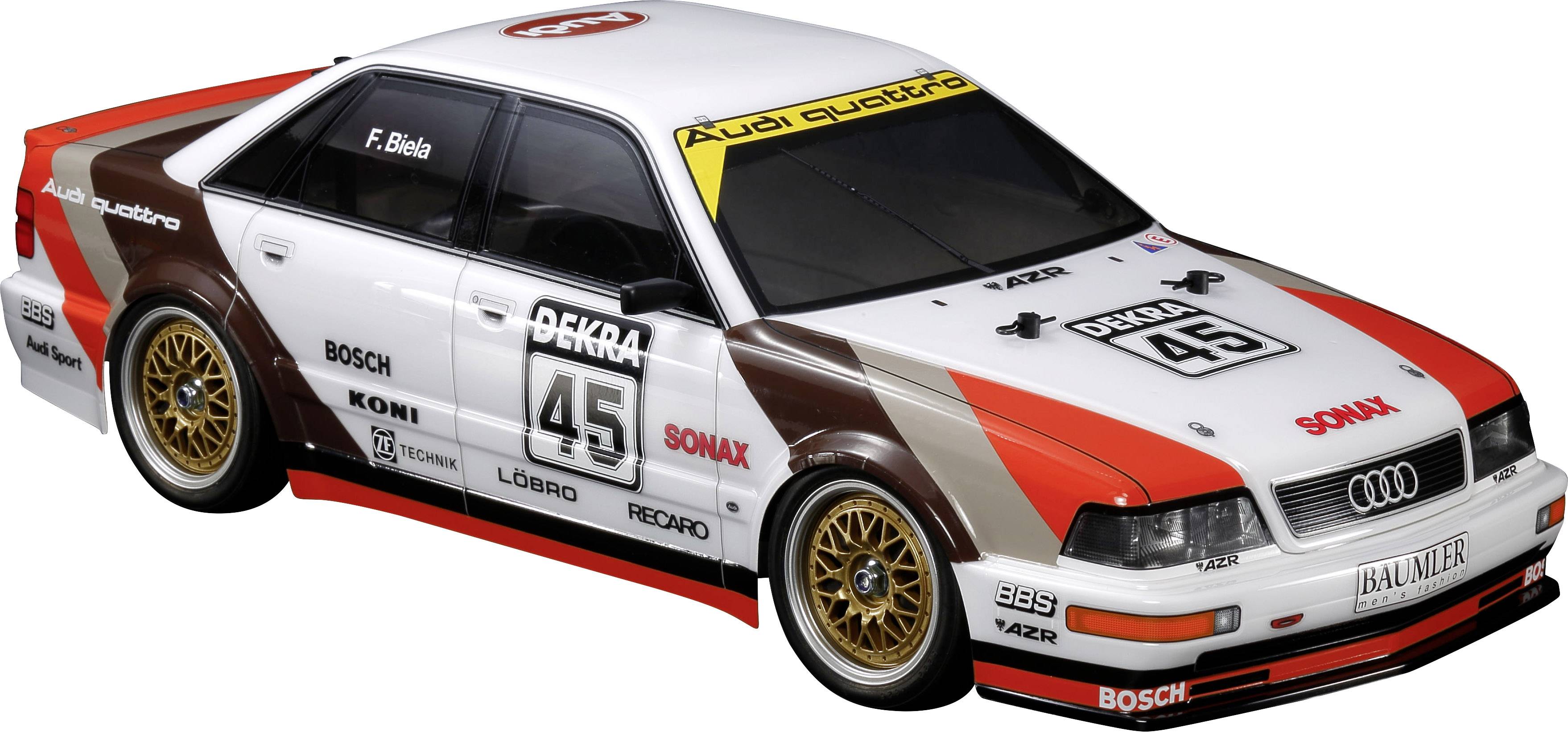 Samochodzik modelowy bolidu wyścigowego, lakierowany na biało, czerwono i brązowo, z numerem 45, wzorowany na designie Audi Quattro.