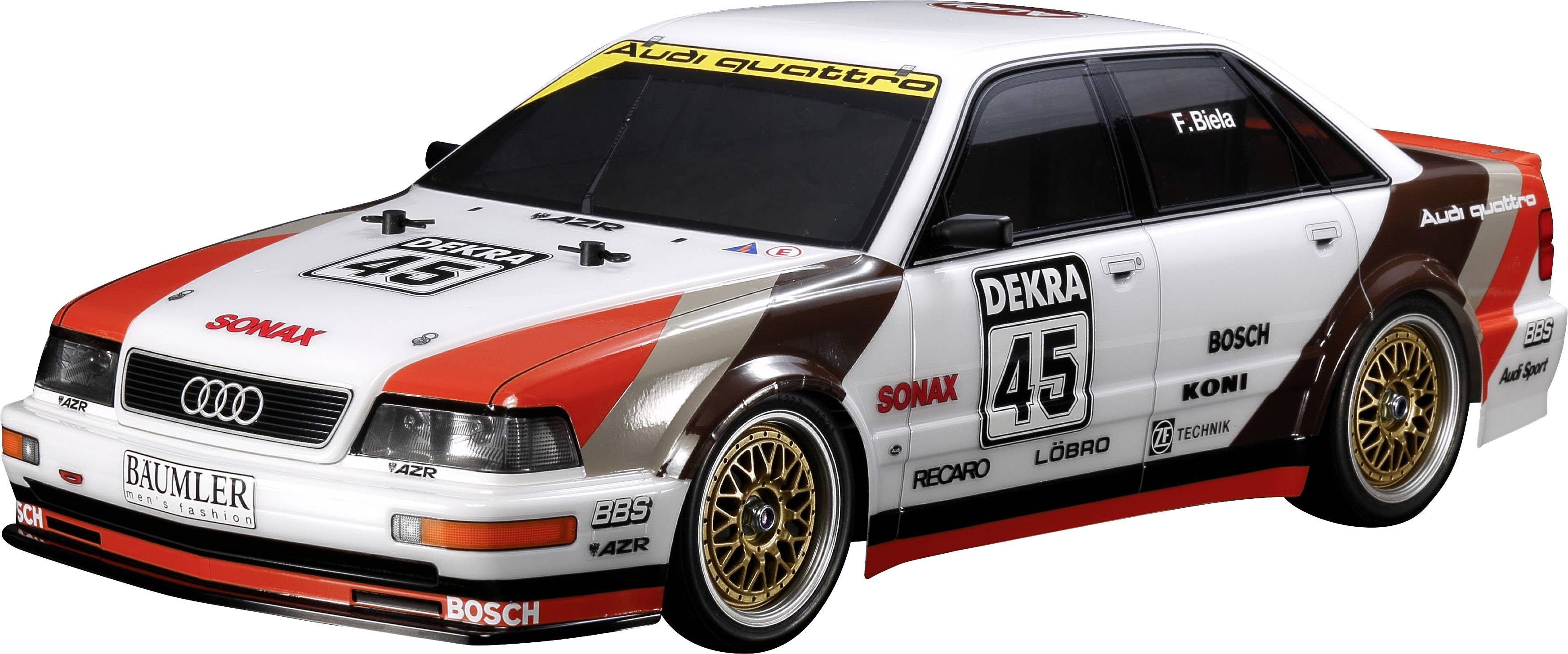 Samochód wyścigowy w klasycznym stylu Audi z numerem startowym 45, logo sponsorów i złotymi felgami.