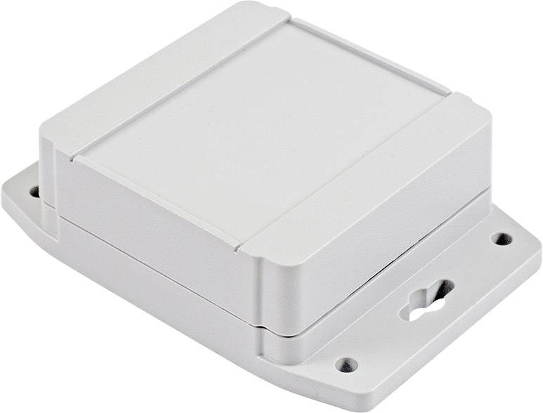 Szare, prostokątne obudowa z tworzywa sztucznego z otworami montażowymi od spodu. Odpowiednia do projektów elektronicznych.
