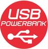Czerwony okrąg z białym tekstem 'POWERBANK USB' i symbolem USB poniżej.