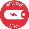 Czerwony symbol z białą ikoną akumulatora i piorunem. Tekst 'INCLUSIVE Li-Ion' obiega wokół obrazka. Oznacza inkluzywne projektowanie baterii.
