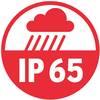 'Symbol oznaczający ochronę IP65: Wodoszczelny i pyłoszczelny, odpowiedni do użycia podczas deszczu.'