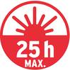 Czerwony symbol ze wschodem słońca i napisem '25 h MAX.', wskazujący maksymalny czas pracy lub użytkowania wynoszący 25 godzin.