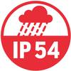 Czerwony symbol z chmurą, z której pada deszcz, z napisem 'IP54'. Wskazuje, że urządzenie jest chronione przed rozbryzgami wody.