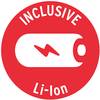 Czerwony symbol z białym symbolem baterii litowo-jonowej oraz słowami 'INCLUSIVE Li-Ion'.