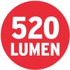 Czerwony okrąg z białym napisem pokazuje '520 lumenów', co wskazuje na strumień świetlny źródła światła.