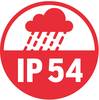 Czerwony symbol z chmurą i kroplami deszczu, pod spodem tekst 'IP 54', wskazujący stopień ochrony przed pyłem i rozbryzgami wody.