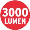 Czerwona ikona koła z białym napisem '3000 lumenów', opisująca jasność źródła światła.