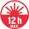 Czerwony symbol z wschodzącem słońcem i napisem '12h MAX.', oznaczający maksymalnie 12 godzin ekspozycji na słońce.
