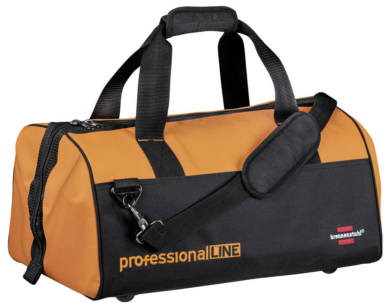 Pomarańczowa i czarna torba narzędziowa w stylu sportowym z uchwytami, pasem na ramię i brandingiem "professionalLINE".