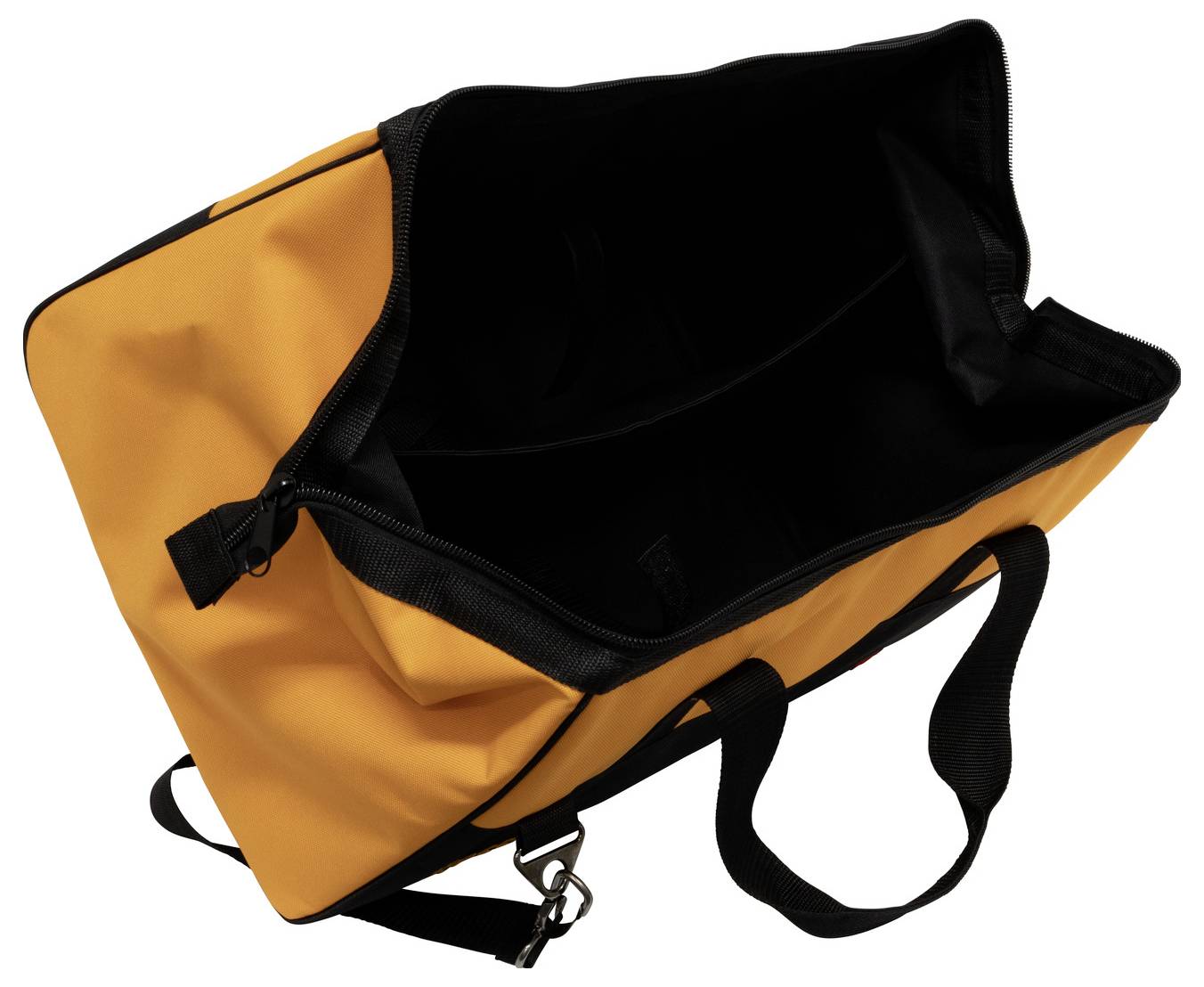 Pomarańczowa i czarna otwarta torba sportowa z uchwytami i paskiem na ramię na białym tle.