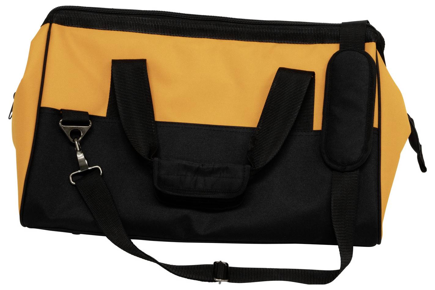 Pomarańczowa i czarna torba podróżna z paskiem na ramię, uchwytami i boczną kieszenią z wypełnieniem, pokazana na białym tle.