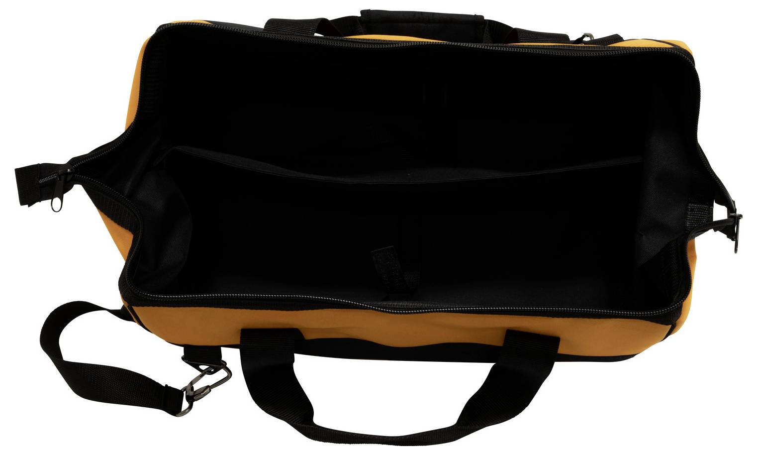 Czarna i pomarańczowa torba sportowa z paskiem na ramię i uchwytami na białym tle.