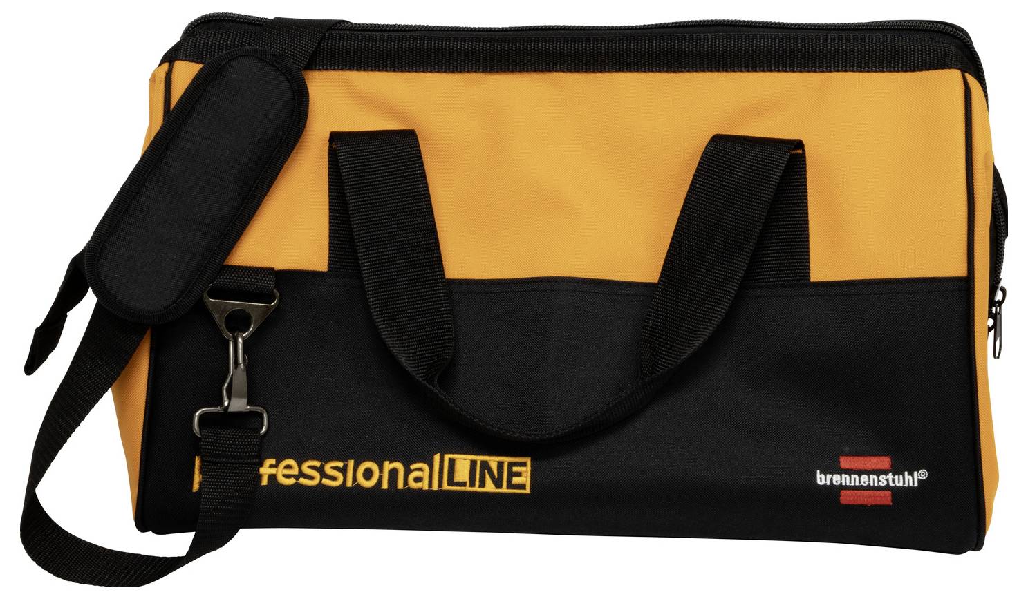 Torba narzędziowa w kolorze pomarańczowo-czarnym z paskiem na ramię i uchwytami, ze znakami handlowymi "professionalLINE" i "brennenstuhl".