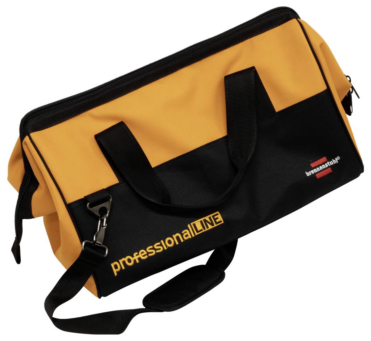 Pomarańczowa i czarna profesjonalna torba narzędziowa z pasem na ramię i uchwytami na białym tle.
