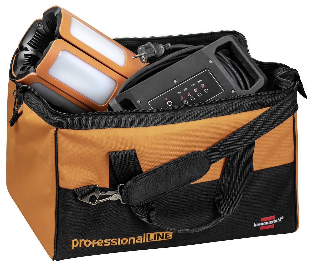 Pomarańczowa i czarna torba nośna zawierająca przenośne urządzenie z panelem sterowania i światłem, oznaczone etykietą „professionalLINE" i „brennenstuhl".