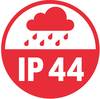 Czerwony symbol z chmurą i kroplami deszczu. Tekst 'IP 44' oznacza ochronę przed rozpryskami wody i ciałami stałymi większymi niż 1 mm.