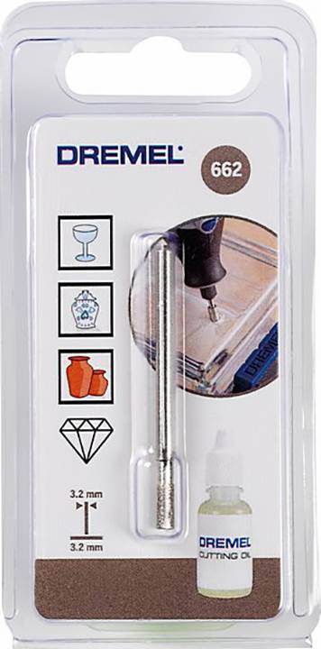 Rysunek przedstawia opakowanie końcówki narzędziowej Dremel typ 662, przeznaczonej do cięcia diamentowego. Zawiera również olej do cięcia.