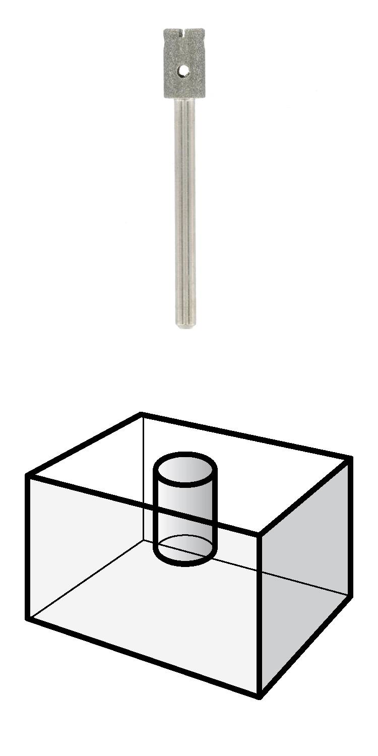 'Wiertło i model 3D pudełka z cylindrycznym wgłębieniem na górnej powierzchni, odpowiadającym kształtowi wiertła.'