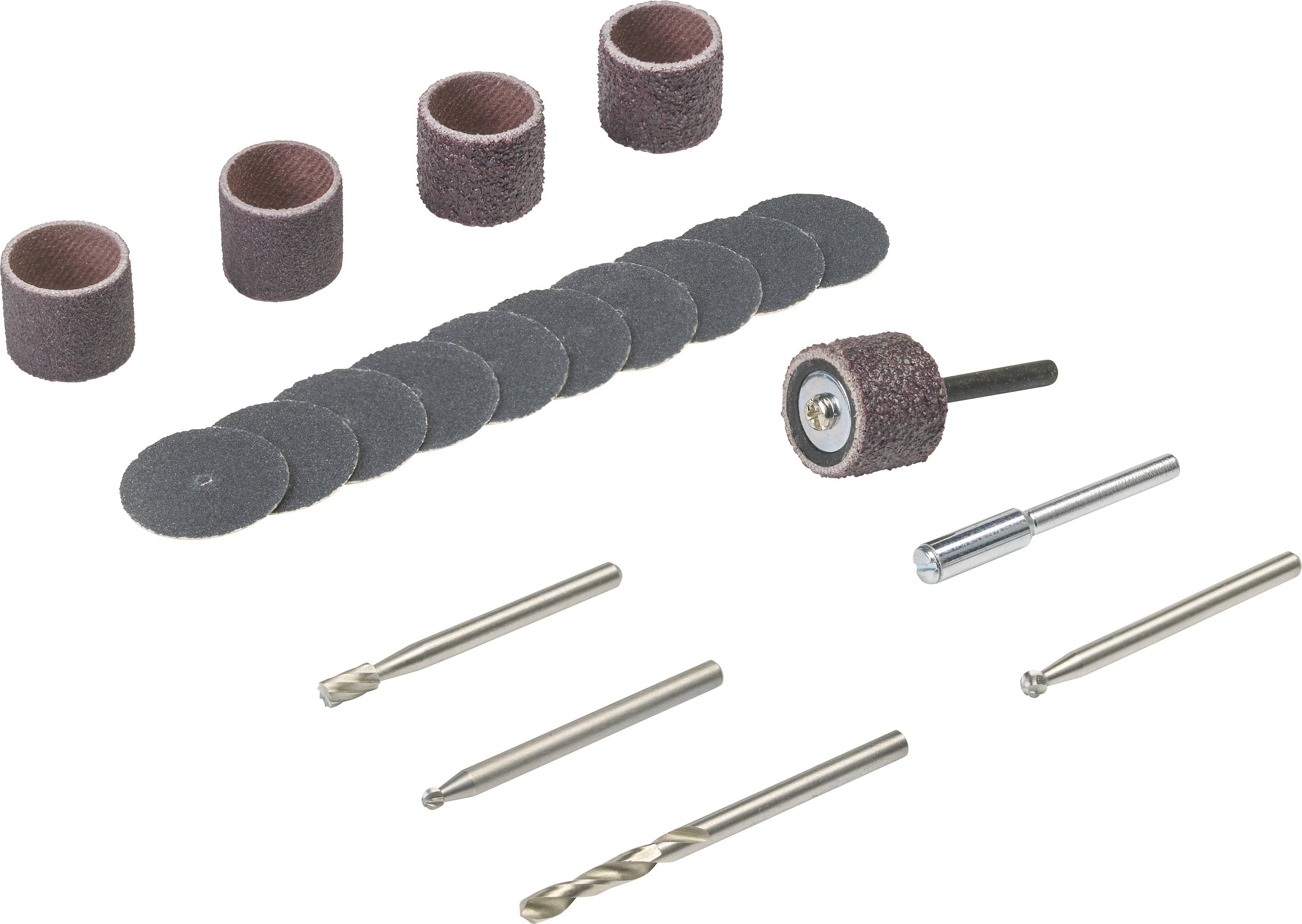 Zestaw akcesoriów ściernych i wiertniczych do elektronarzędzi, składający się z pasów ściernych, tarcz szlifierskich, wierteł oraz nakładki szlifierskiej.