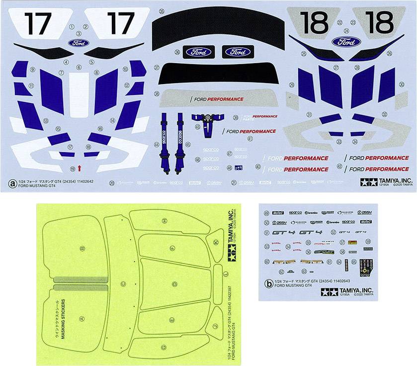 Arkusz naklejek do modelu samochodu: Zawiera numery, logo Ford, tekst o wydajności oraz elementy projektu w kolorach niebieskim, białym i czarnym.