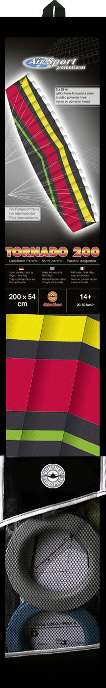 Paralotnia Tornado 300 z kolorystycznymi strefami: zieloną, żółtą, czerwoną. Przyciski do wyświetlania szczegółów technicznych: rozpiętość, powierzchnia, waga.