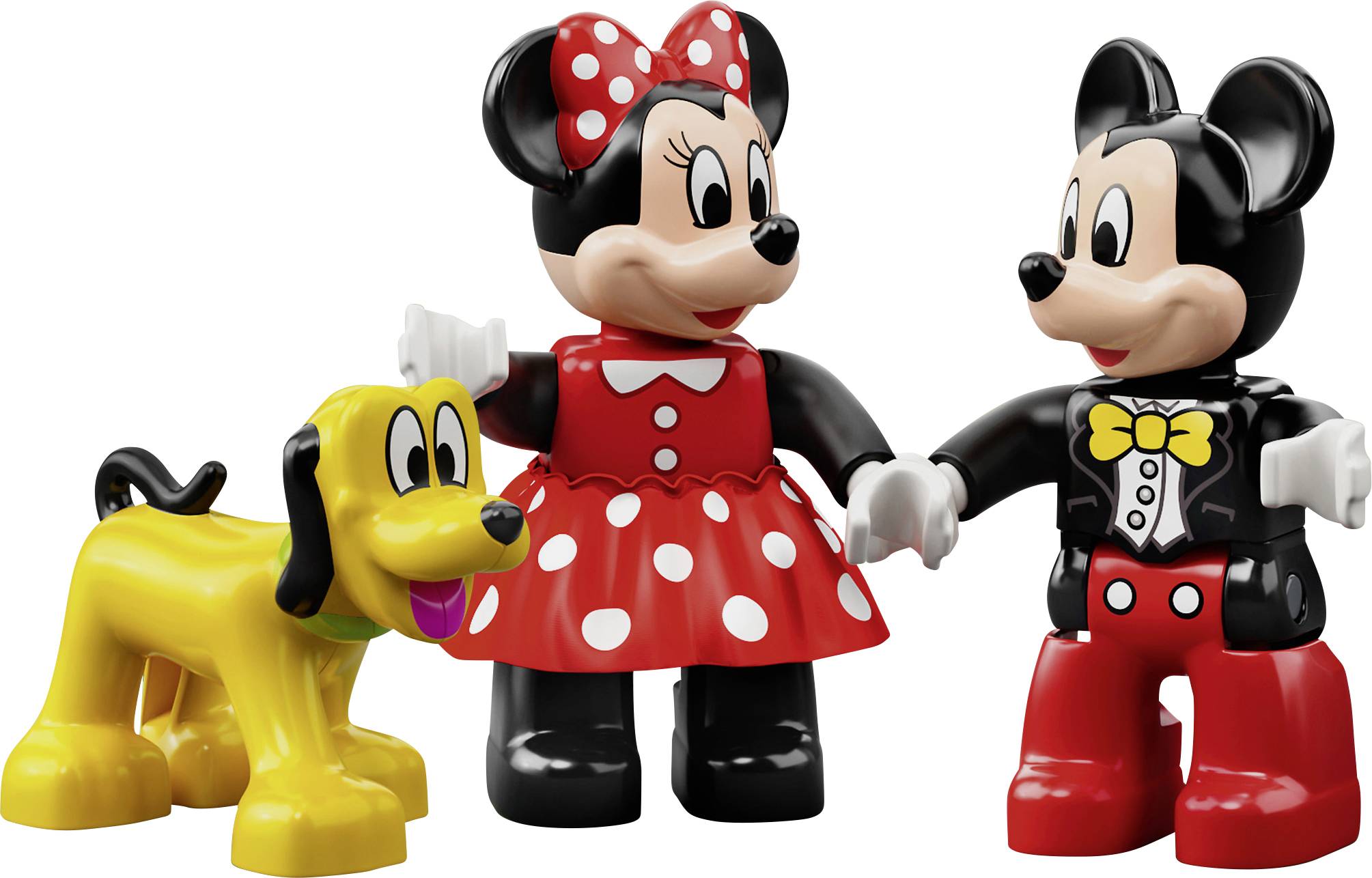 Myszka Minnie i Myszka Mickey trzymają się za ręce. Obok stoi Pluto, pies. Wszystkie postacie są wykonane z klocków LEGO i kolorowo pomalowane.