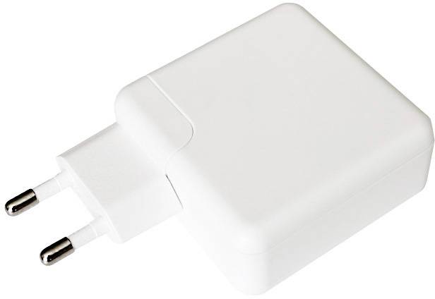 Biała ładowarka z dwoma wtyczkami do europejskich gniazd elektrycznych.