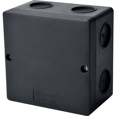 Czarna obudowa z tworzywa sztucznego z otworami kablowymi na górnej i dolnej powierzchni. Odpowiednia do instalacji elektrycznych.