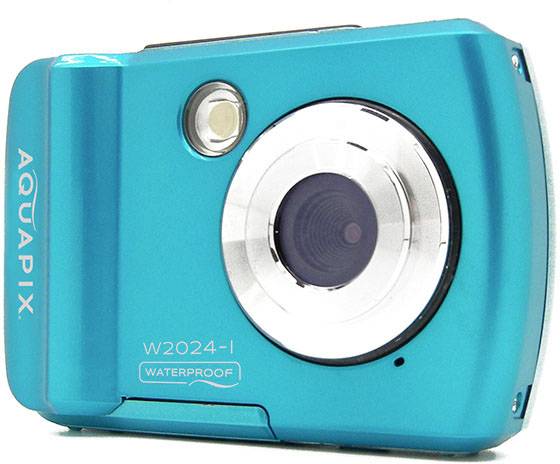 Kamera cyfrowa AquaPix, model W2024-I, w kolorze turkusowym i wodoodporna. Widoczny obiektyw główny i lampa błyskowa.