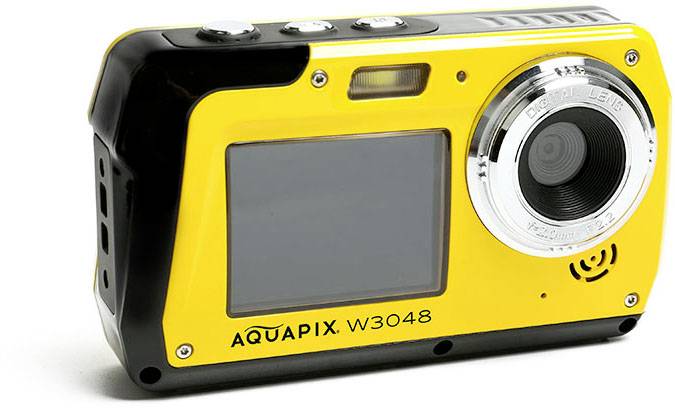 Żółty aparat cyfrowy o nazwie modelu 'Aquapix W3048', prezentujący przednią i tylną stronę z ekranem i obiektywem.