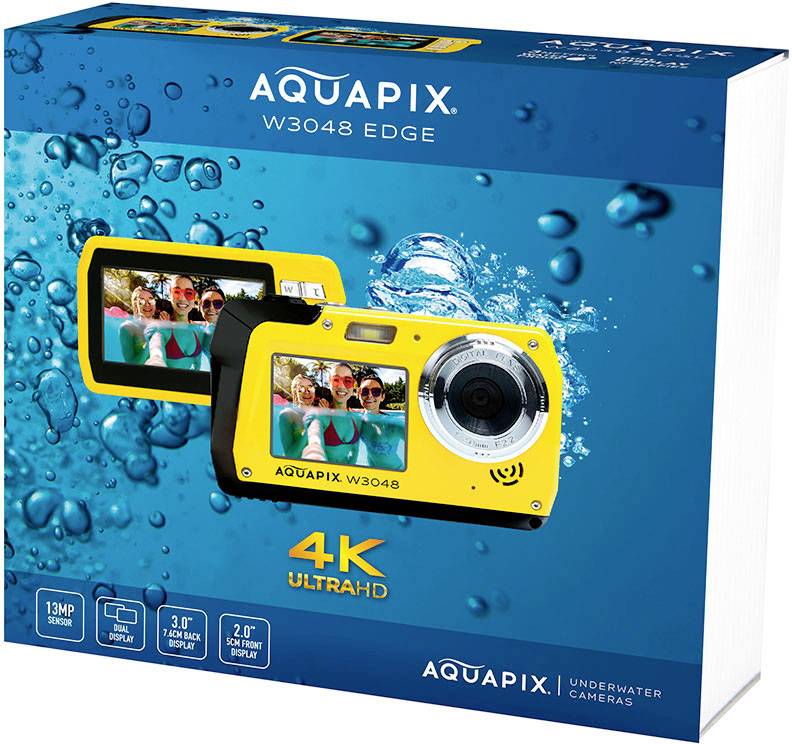 Kamera podwodna AQUAPIX W3048 EDGE w żółtej obudowie. 13 MP, 4K Ultra HD, wyświetlacz 3,0 cm. Po prawej stronie widoczny efekt rozbryzgu wody.