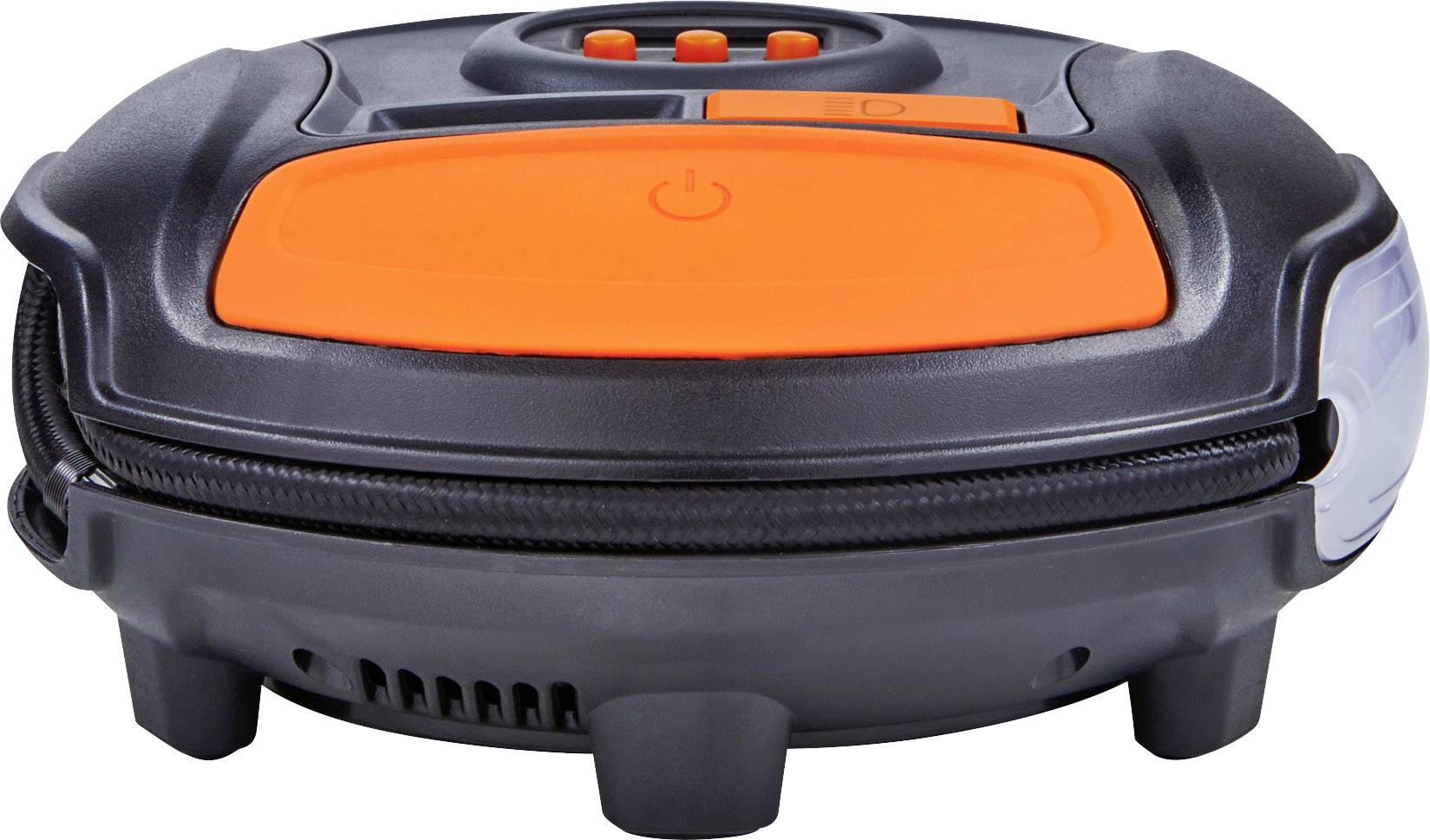 Automatyczny robot odkurzający w kolorze czarnym i pomarańczowym z trzema przyciskami sterującymi na górze.