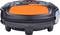 Automatyczny robot odkurzający w kolorze czarnym i pomarańczowym z trzema przyciskami sterującymi na górze.