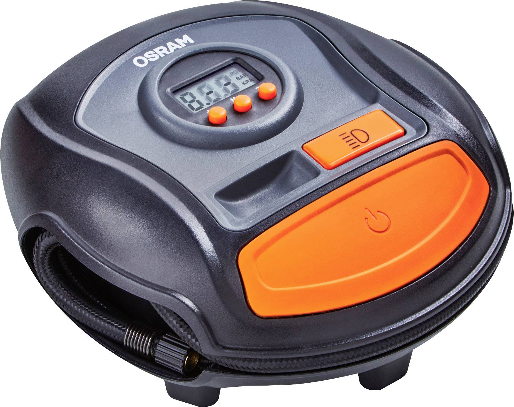 Automatyczny pompownik opon firmy Osram, z cyfrowym wyświetlaczem na górze, pomarańczowym przyciskiem do obsługi. Przenośny i kompaktowy do łatwego użycia.