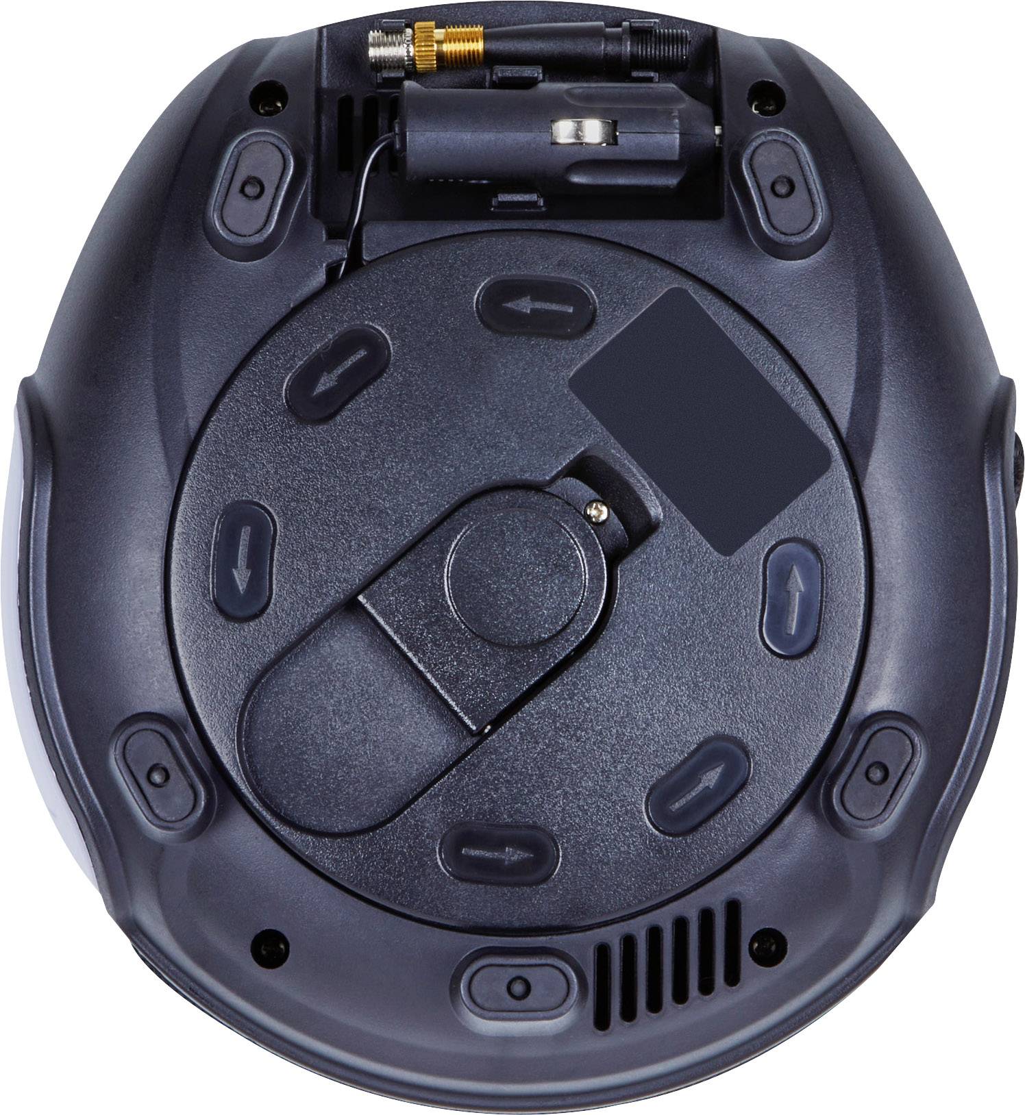 Czarna, owalna komponenta elektroniczna z wieloma złączami i przełącznikami na górnej powierzchni, prawdopodobnie stacja bazowa lub ładowarka.