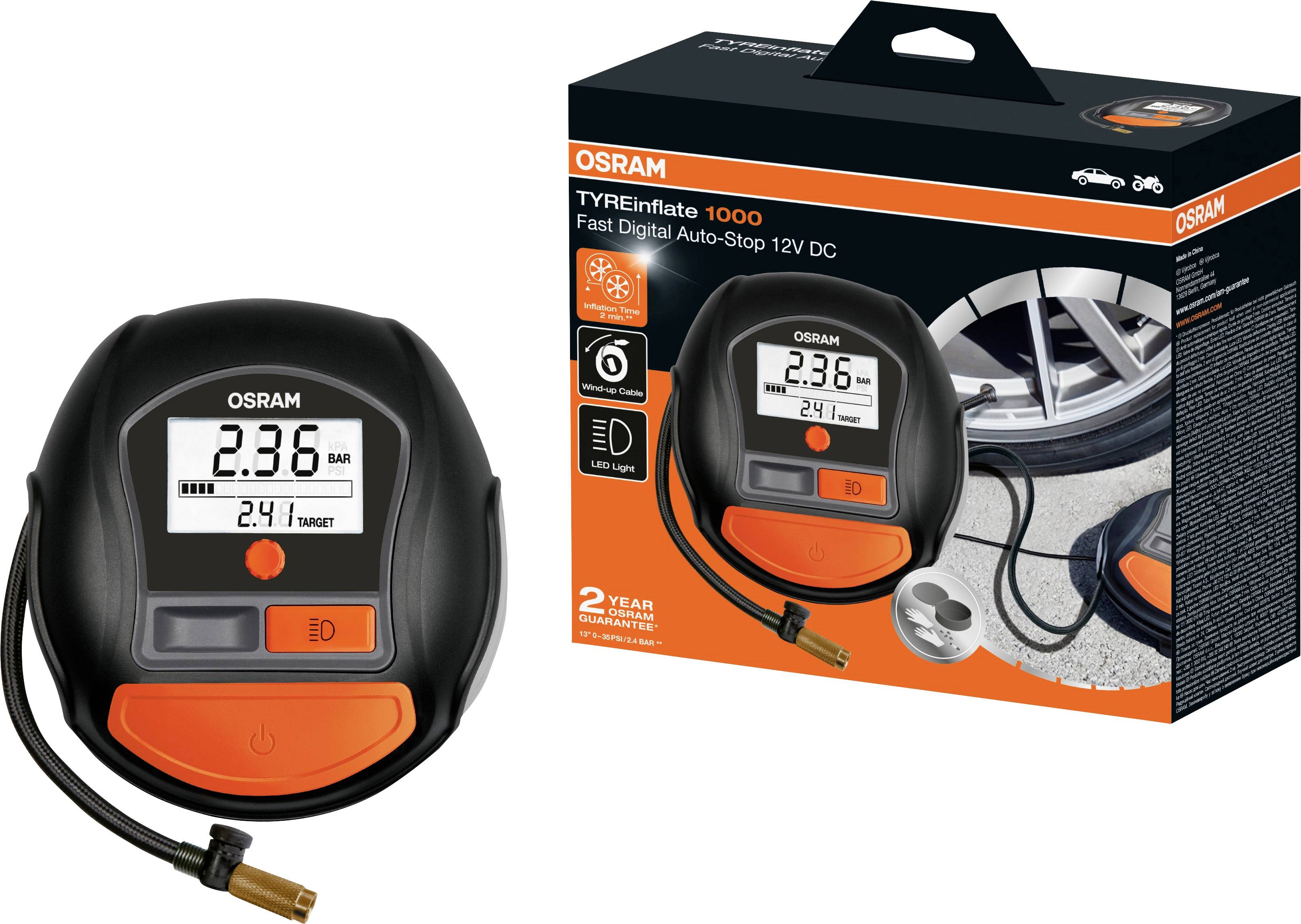 Cyfrowy elektroniczny pompownik do opon OSRAM z wyświetlaczem 2,36 BAR. Opakowanie prezentuje zdjęcie produktu oraz ilustrację użycia na oponie samochodu.