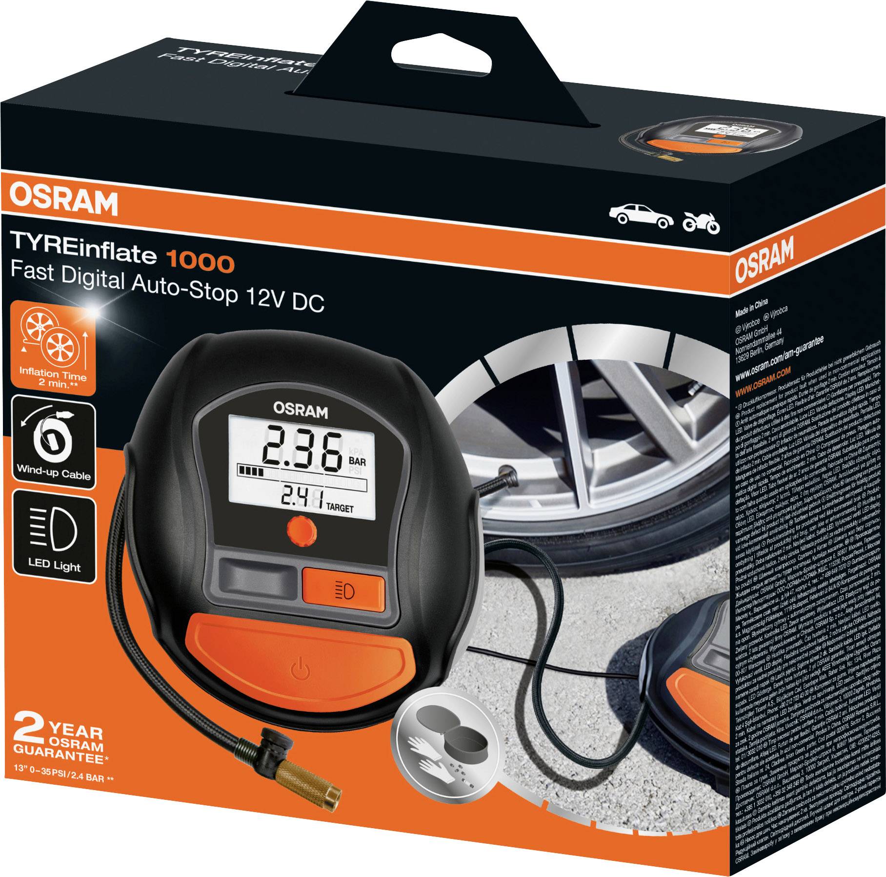 Czarny, cyfrowy pompownik do opon 'OSRAM TYREinflate 1000' w opakowaniu. Prezentuje światło LED, zwijany kabel oraz zbliżenie opony samochodowej.