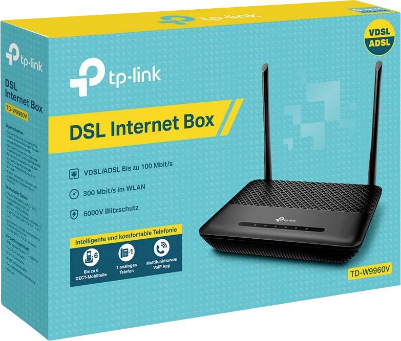 Zielono-żółte pudełko z napisem 'tp-link DSL Internet Box'. Zawiera szczegóły techniczne, takie jak prędkości VDSL/ADSL do 100 Mbit/s.