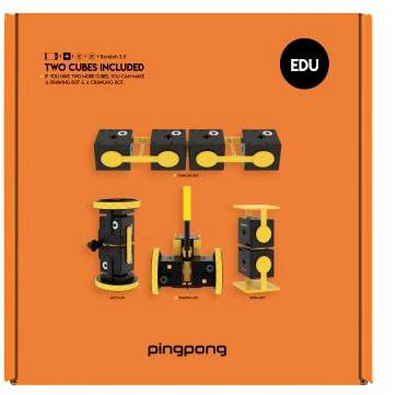 Pomarańczowe opakowanie z tekstem opisującym dwa kostki do budowy robota. Prezentuje czarne i żółte komponenty robotyczne oraz logo 'EDU'.